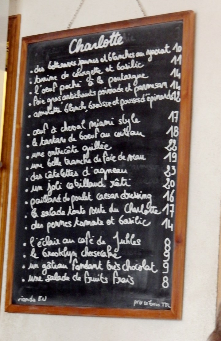 Chalkboard menu at Charlotte on Rue du Cherche Midi
