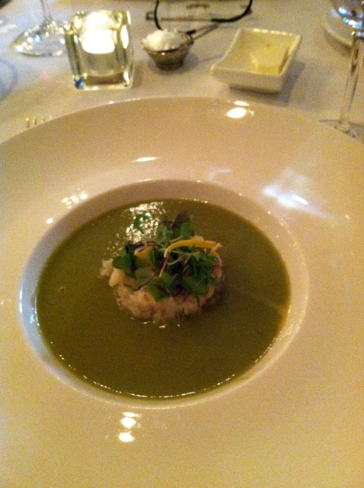 Asparagus-Spring Onion Soup with chili roasted Dungeness crab meat and green garlic, at The Farmhouse