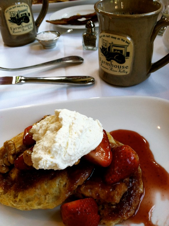 The Farmhouse Inn's decadent breakfast pancakes with enough mascarpone cheese to classify it as dessert.